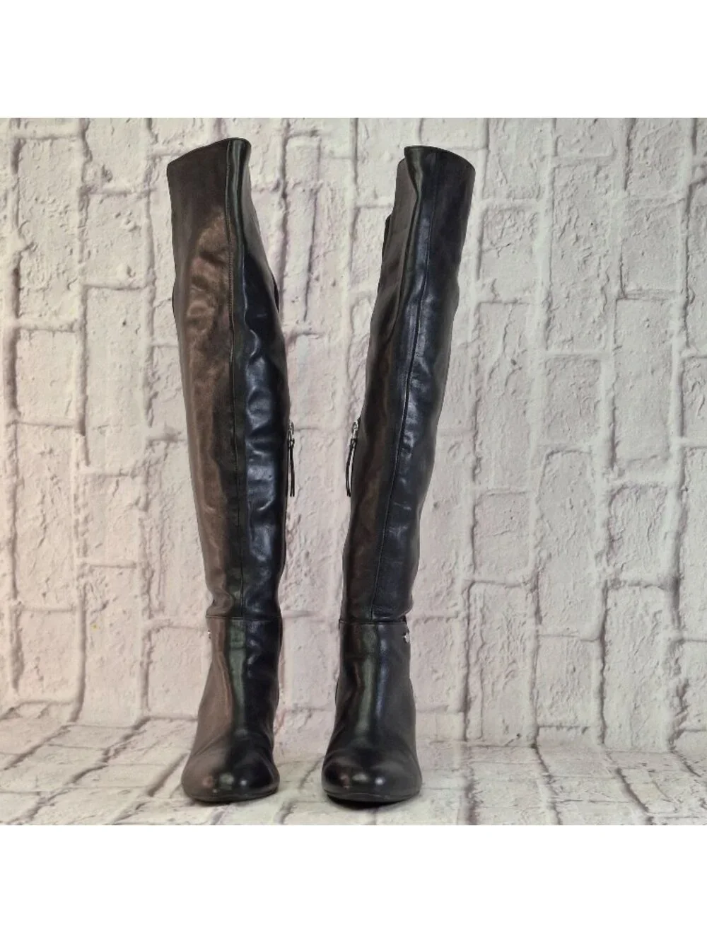 DKNY Over The Knee Boots Womens Size 7M Black Leather & Textile With Block Heel